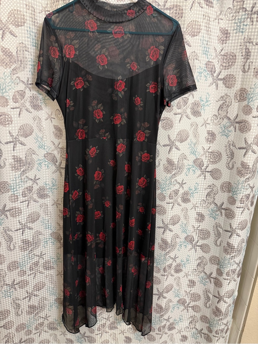 Goth Dark Sheer Black Mesh Midi Dress with Red Rose Print Large